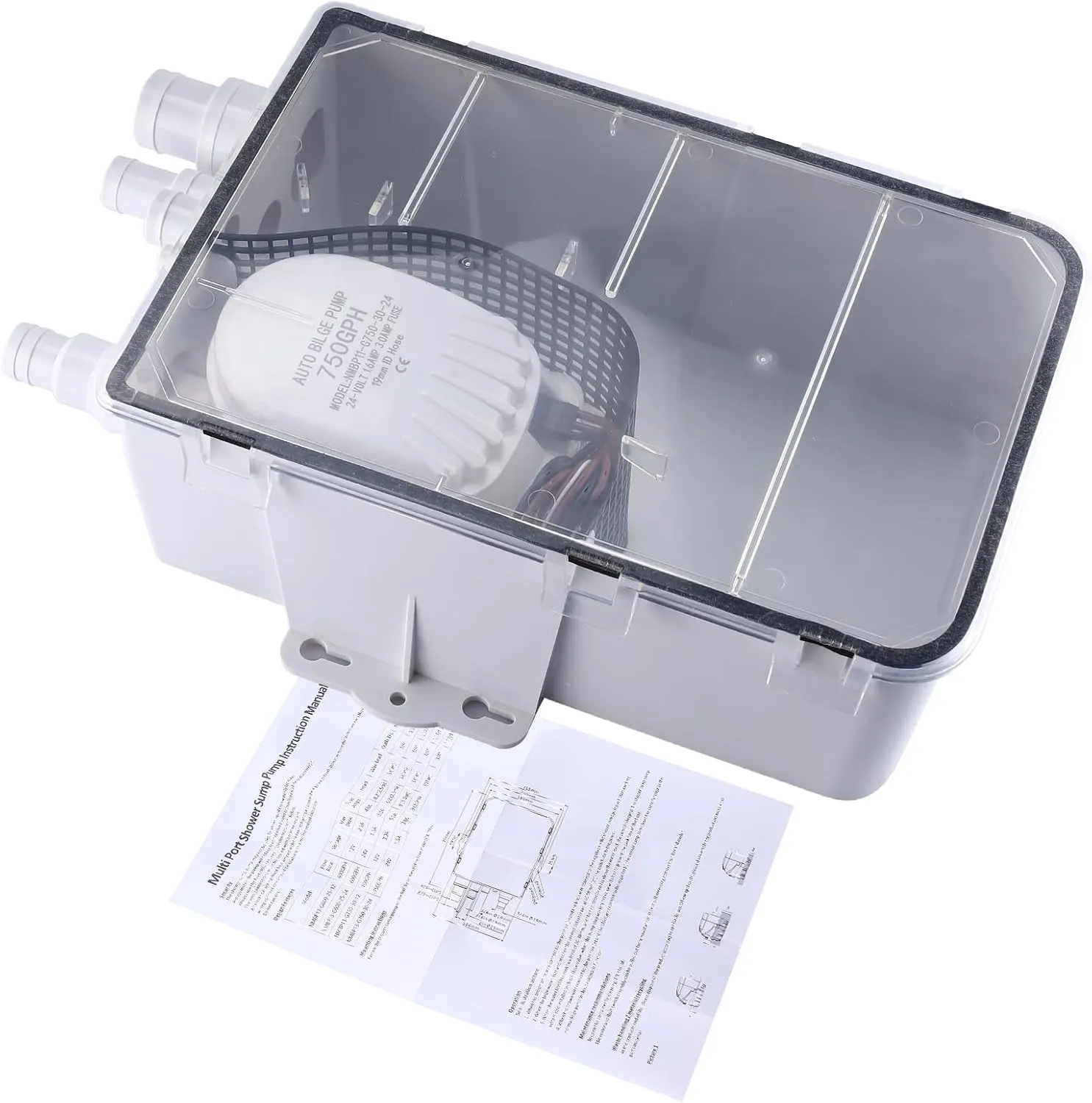 NovelBee 24V 750 GPH Boat Marine Shower Sump,Built-in Automatic Bilge Pump,Shower Pump System Kit with Multiple Inlet Ports