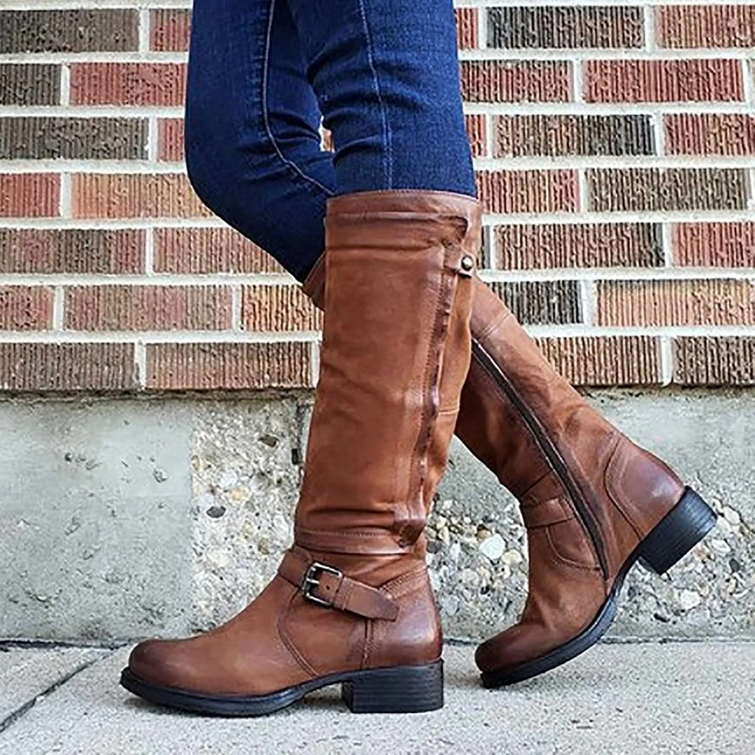 oiangi Boots for Women Knee High - Fashion Belt Buckle Side Zipper Chunky Low Heel Round Toe High Boots Solid Casual Comfortable Square Heel Shoes