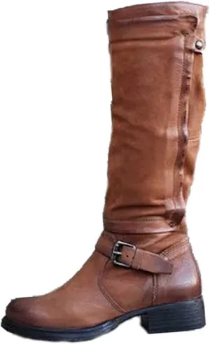 oiangi Boots for Women Knee High - Fashion Belt Buckle Side Zipper Chunky Low Heel Round Toe High Boots Solid Casual Comfortable Square Heel Shoes