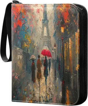 Oil Painting Streets View Card Binder 4-Pocket, 400 Pockets PU Waterproof Zippered Collector Card Album with 50 Removable Sleeves for Trading, Game Cards