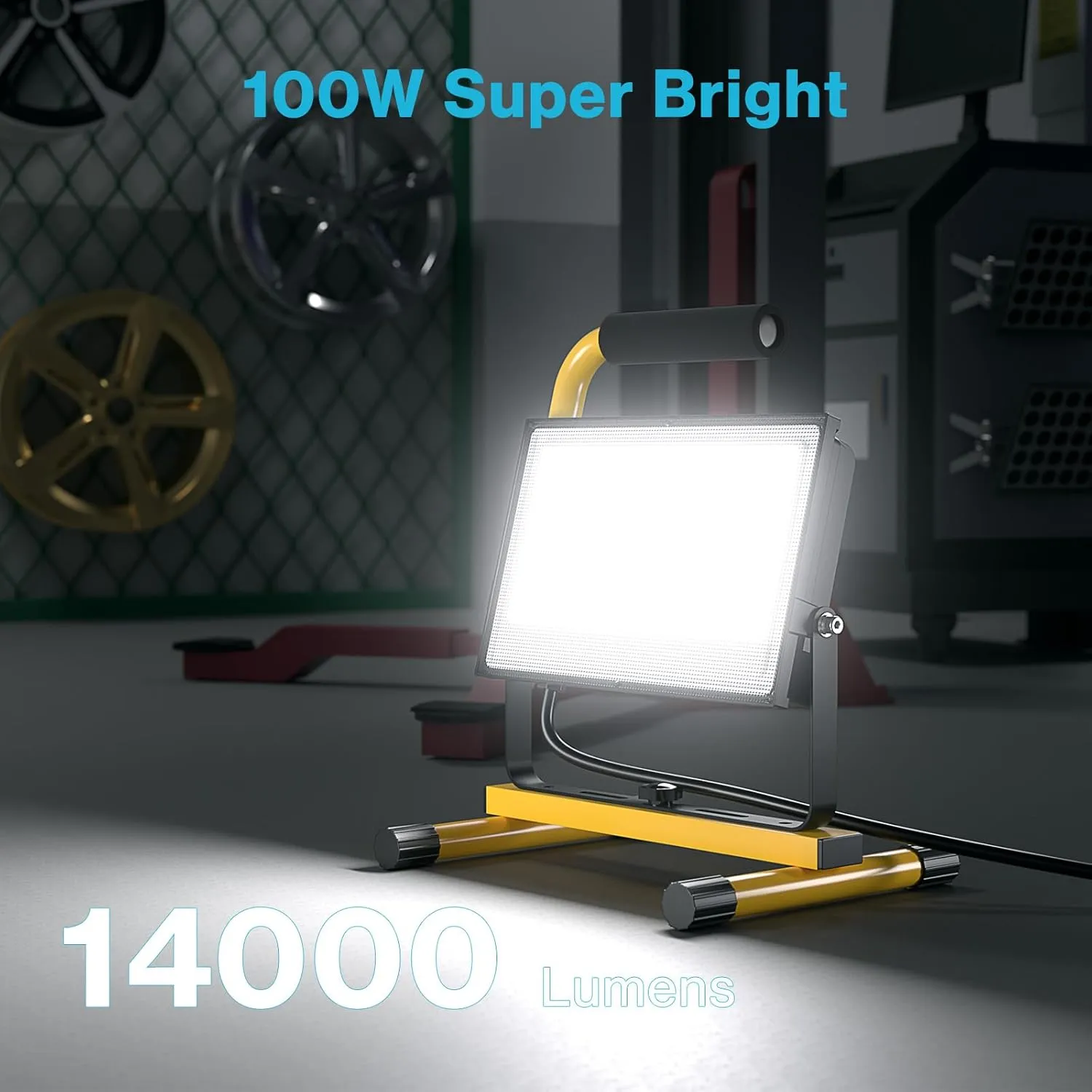 Olafus 100W LED Work Lights, 14000LM Portable Flood Light with Plug, 5000K Daylight, IP65 Waterproof Adjustable Job Site Lighting for Construction Site, Garage, Workshop, Jetty