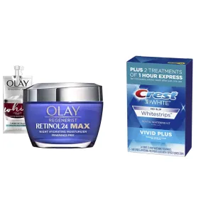 Olay Regenerist Retinol 24 MAX Night Face Cream, Fragrance Free (1.7 Oz)   Travel Size Whip Moisturizer and Crest 3D Vivid Plus Teeth Whitening Kit, Individual Basic Flavorless Whitestrips (24 Count)