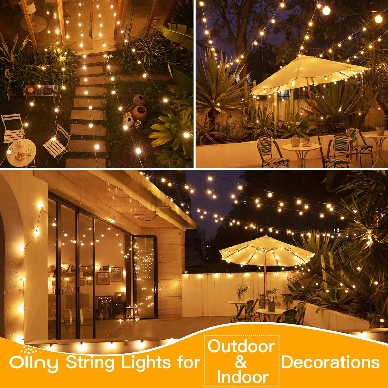 Ollny 100FT Outdoor String Lights, Waterproof Connectable Shatterproof Outside Light with 50 Edison   3 Spare LED Bulbs Plug in, Patio Lights for Indoor Balcony Porch Camping Deck
