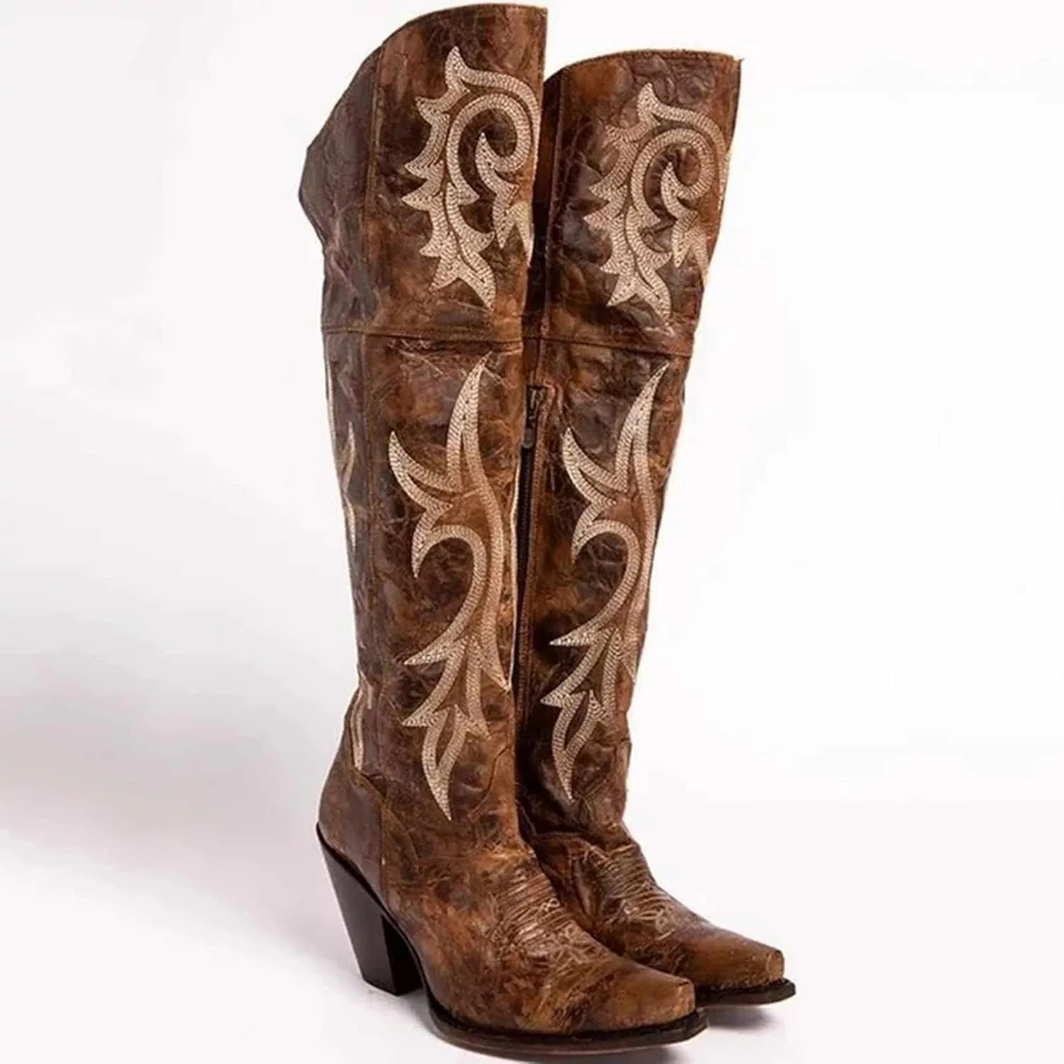OMEARK Women's Western Boots, Vintage Embroidered Floral Knee High Boots Square Toe Block Chunky Heel Long Tube Boots, Winter Warm Lining Pull on Wide Calf Rider Booties Shoes