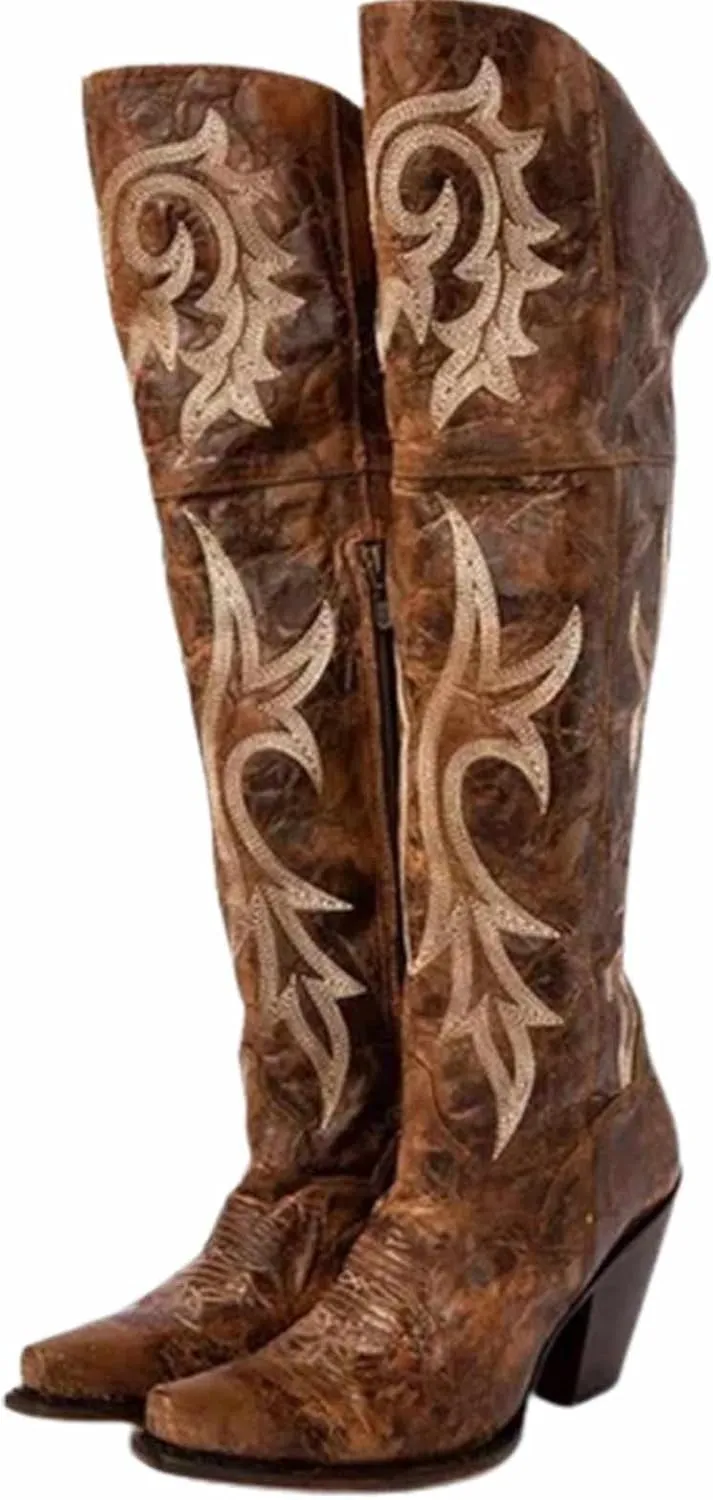 OMEARK Women's Western Boots, Vintage Embroidered Floral Knee High Boots Square Toe Block Chunky Heel Long Tube Boots, Winter Warm Lining Pull on Wide Calf Rider Booties Shoes