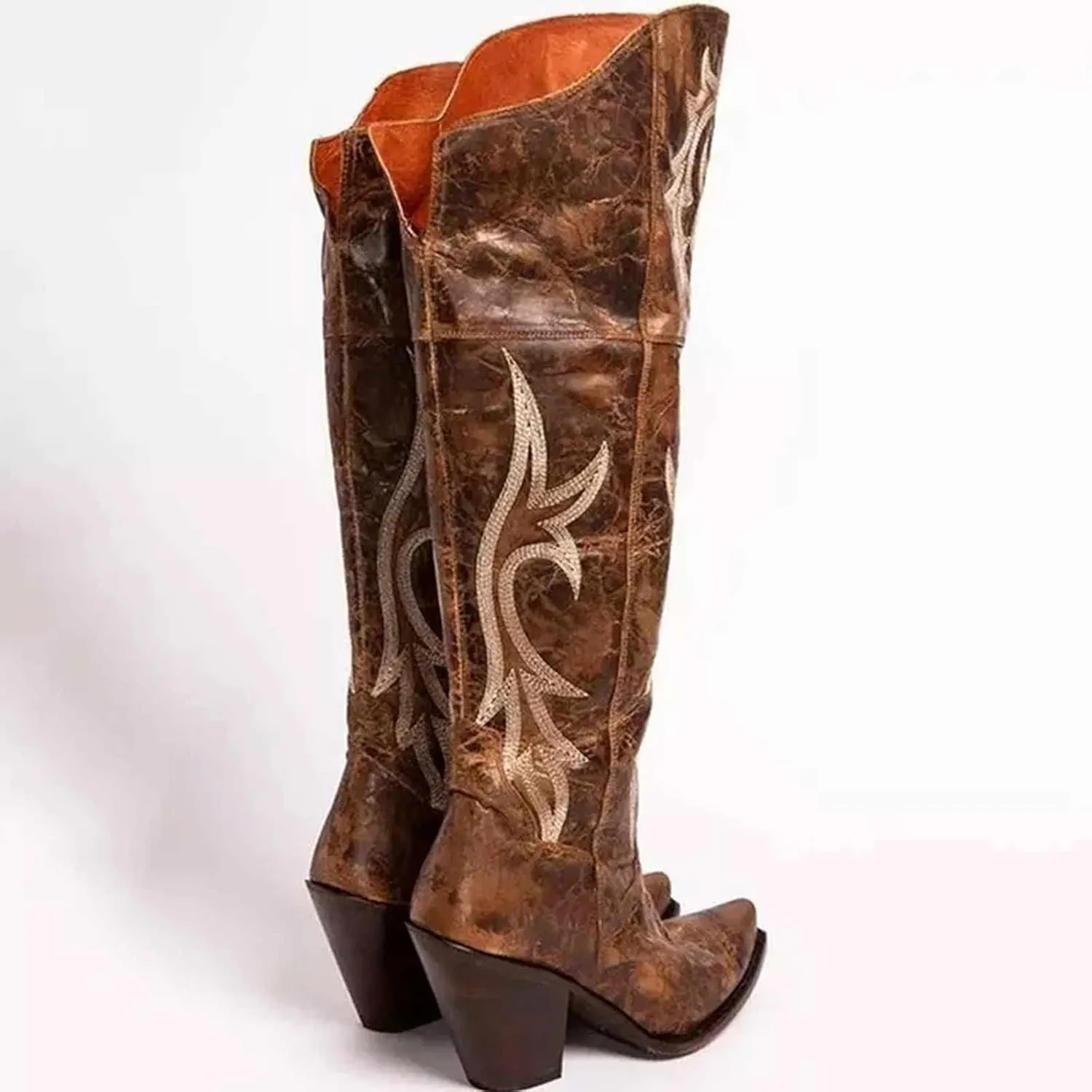 OMEARK Women's Western Boots, Vintage Embroidered Floral Knee High Boots Square Toe Block Chunky Heel Long Tube Boots, Winter Warm Lining Pull on Wide Calf Rider Booties Shoes