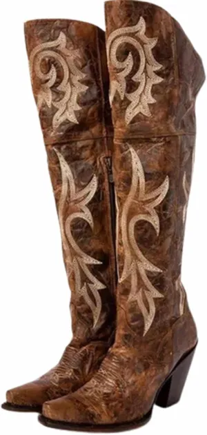 OMEARK Women's Western Boots, Vintage Embroidered Floral Knee High Boots Square Toe Block Chunky Heel Long Tube Boots, Winter Warm Lining Pull on Wide Calf Rider Booties Shoes