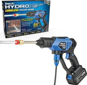 Ontel Turbo Jet HydroX5 Pro Portable Cordless Pressure Washer (350 PSI, 21V 3000mAh Battery), 6-in-1 Nozzle, Dual Water Source, 16ft Detachable Hose