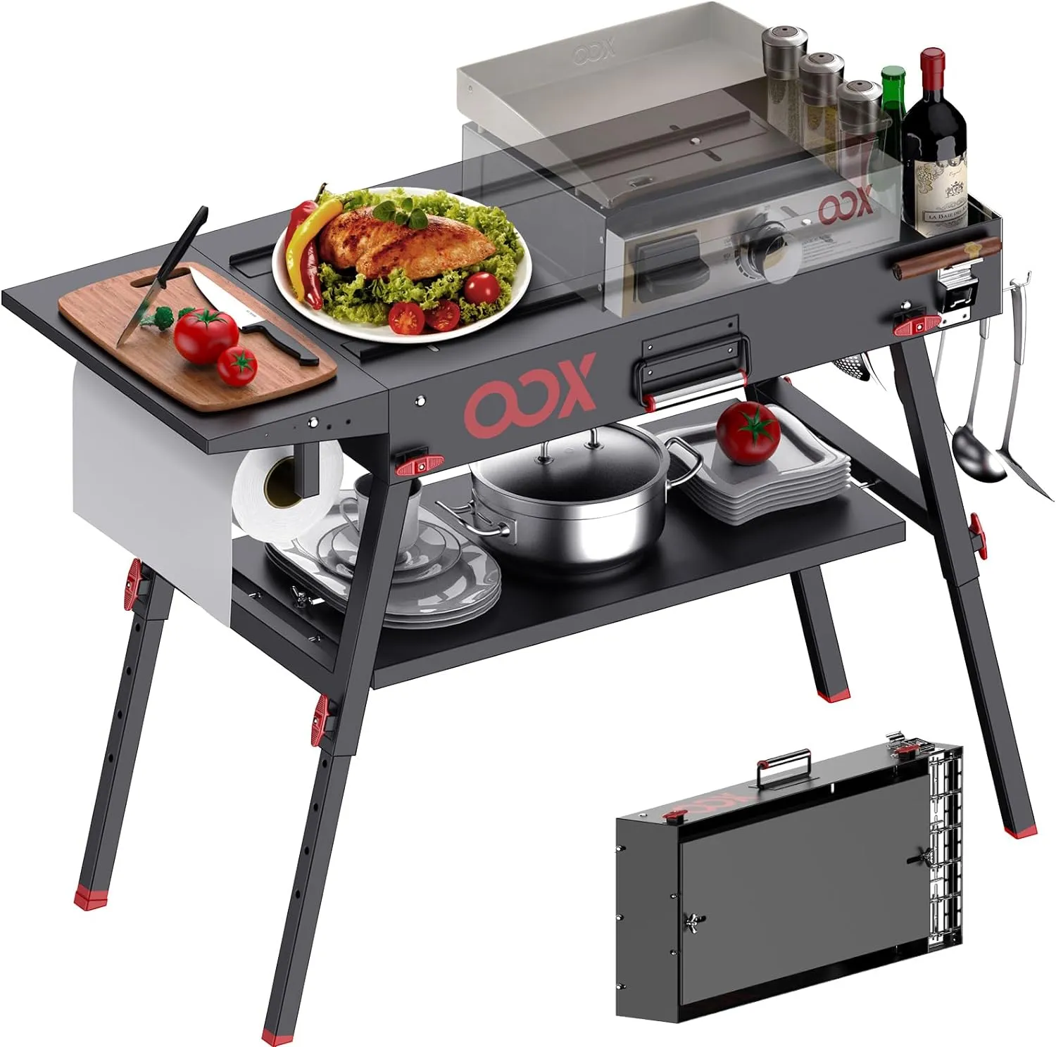 OOX Portable Grill Table with Double-Shelf for Outdoor Prep,Folding Grill Stand Fits Blackstone Griddle 17 Inch 22 Inch, Tabletop Propane Gas Grill Cart, Camping BBQ Cooking, Stainless Steel, Black