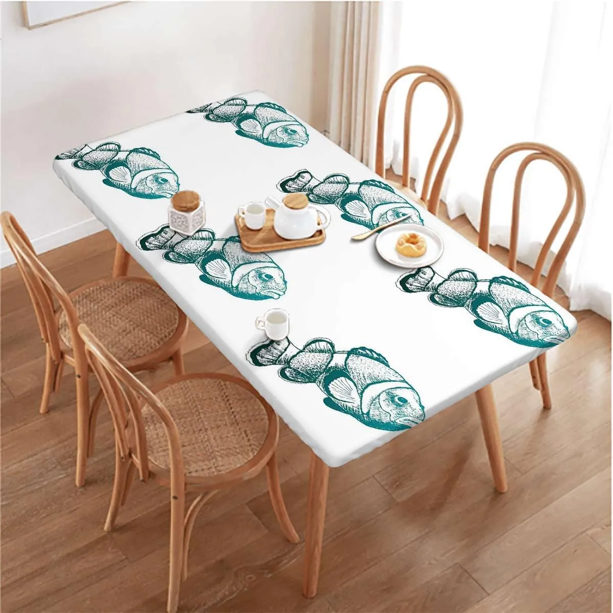 OOzie Blue Aqua White Rectangle Tablecloth, Swimming Futuristic Design Waterproof Oil Proof Table ​Cover for Indoor and Outdoor Abstract Fits up 5 Foot Tables