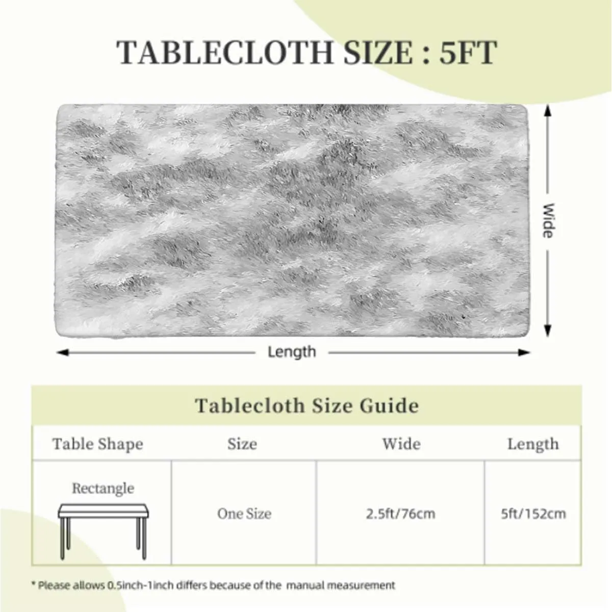 OOzie Grey Dust Tablecloth Fitted Rectangle Marble Granite Surface Pattern Protector with Elastic for Rectangle Picnic Tables, Washable Abstract Fits up 5 Foot Tables