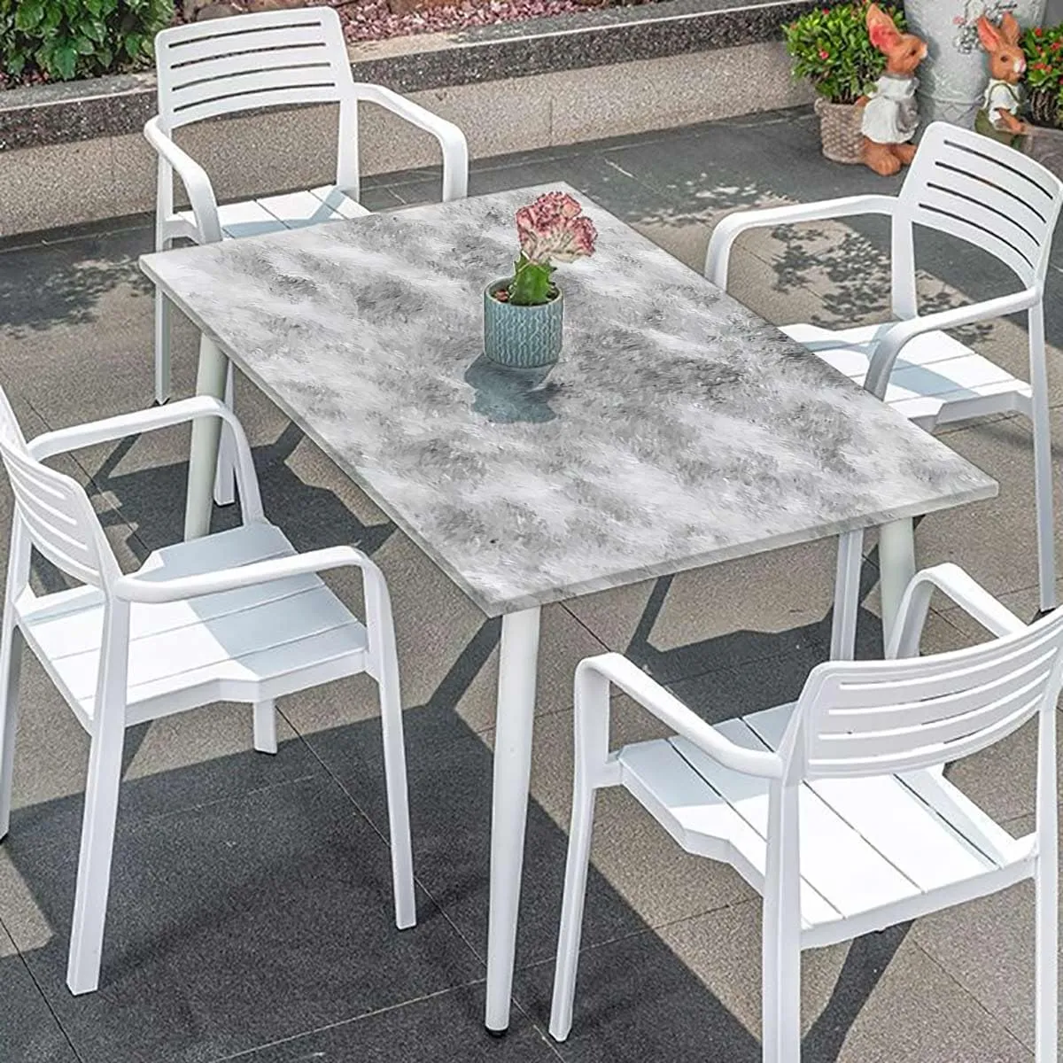 OOzie Grey Dust Tablecloth Fitted Rectangle Marble Granite Surface Pattern Protector with Elastic for Rectangle Picnic Tables, Washable Abstract Fits up 5 Foot Tables
