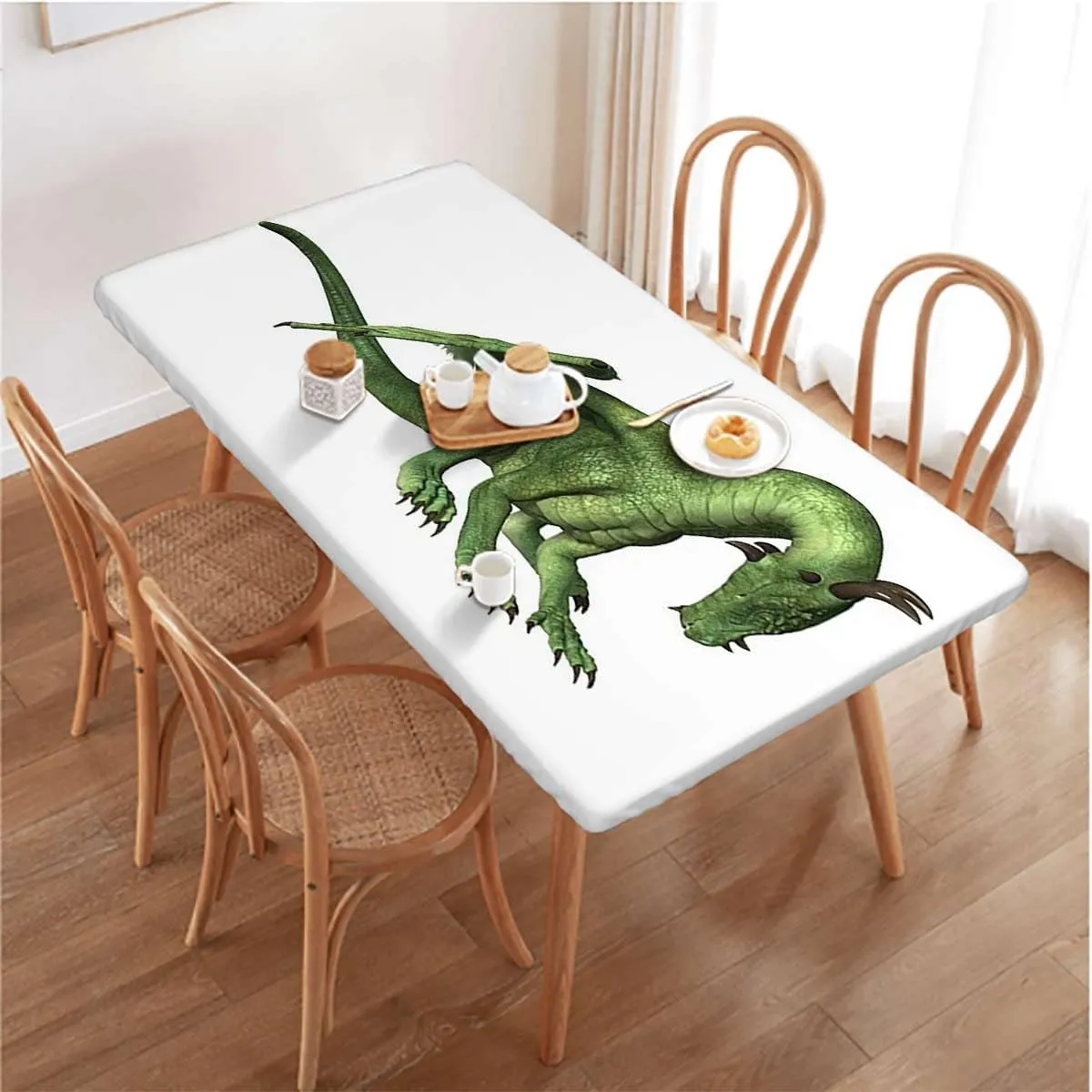 OOzie White Green Elastic Tablecloth for Indoors Outdoors Ugly Dragon Legacy Overlord Dragon Table ​Cover ​for Kitchen Dining Party Picnic Animal Fits up 4 Foot Tables