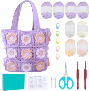 ORIGACH DIY Crochet Flower Granny Square Tote Bag Kit for Beginners Adults Crochet Granny Square Bag Kit with Instruction Video Tutorials
