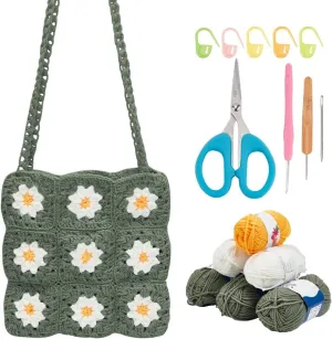 ORIGACH DIY Crochet Kit for Beginner Adult, Crochet Granny Square Daisy Bag Kit Shoulder Bag Handbag Crochet Set with Step by Step Video Tutorial, Instruction, Yarn, Hook, Accessories, Mustard Green