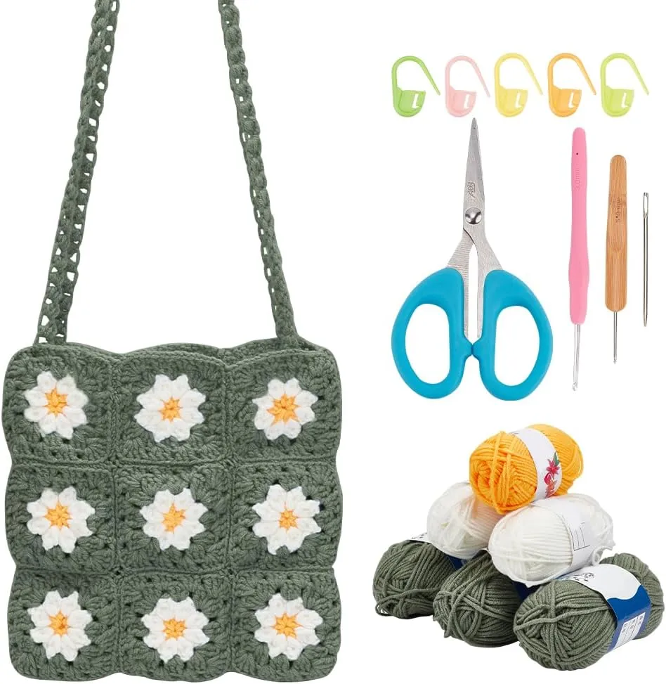 ORIGACH DIY Crochet Kit for Beginner Adult, Crochet Granny Square Daisy Bag Kit Shoulder Bag Handbag Crochet Set with Step by Step Video Tutorial, Instruction, Yarn, Hook, Accessories, Mustard Green
