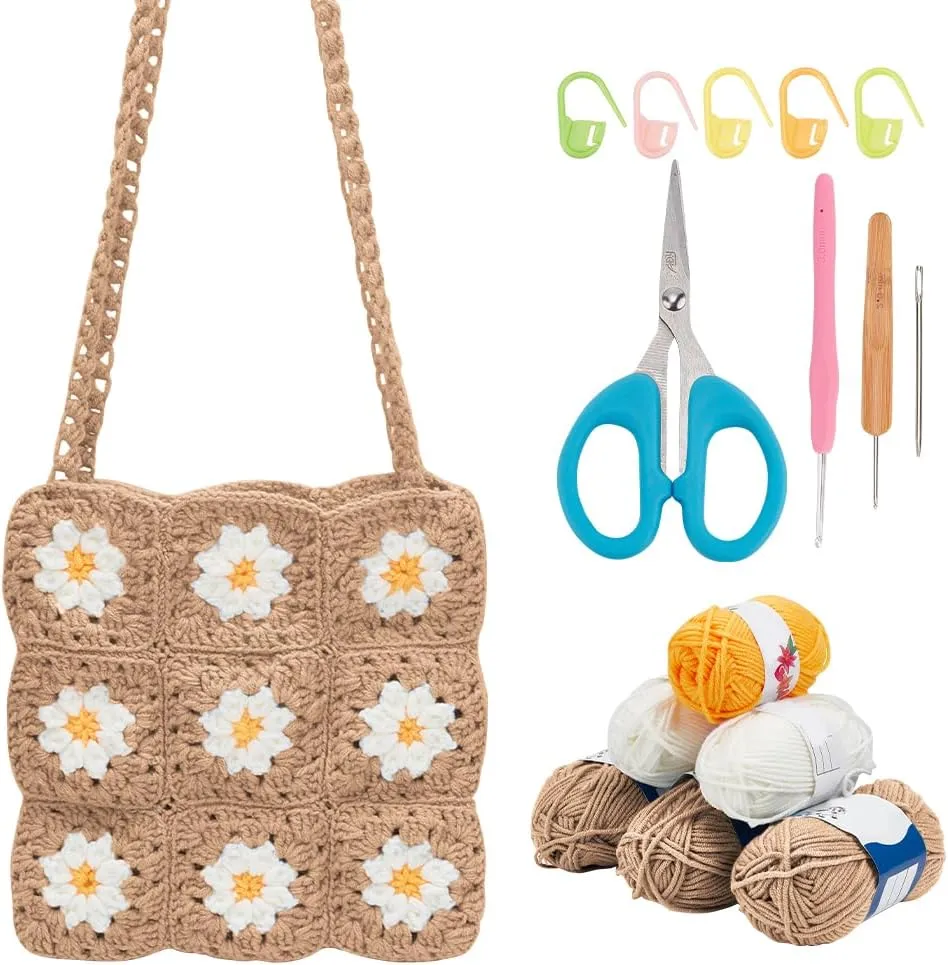 ORIGACH DIY Daisy Crochet Bag Kit for Beginners Adults, Handmade Granny Square Bag Kit with Instruction Video Tutorials, Learn to Crochet Starters Set, Khaki