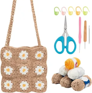 ORIGACH DIY Daisy Crochet Bag Kit for Beginners Adults, Handmade Granny Square Bag Kit with Instruction Video Tutorials, Learn to Crochet Starters Set, Khaki