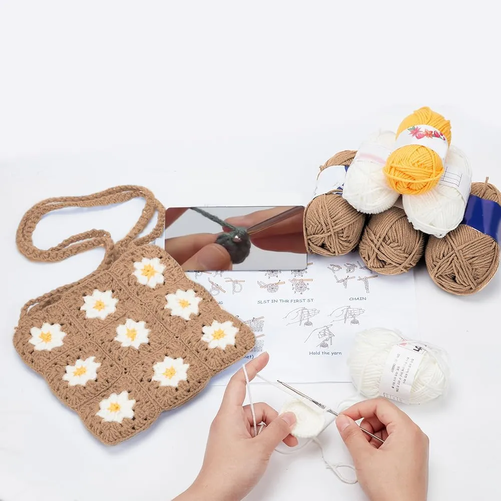 ORIGACH DIY Daisy Crochet Bag Kit for Beginners Adults, Handmade Granny Square Bag Kit with Instruction Video Tutorials, Learn to Crochet Starters Set, Khaki