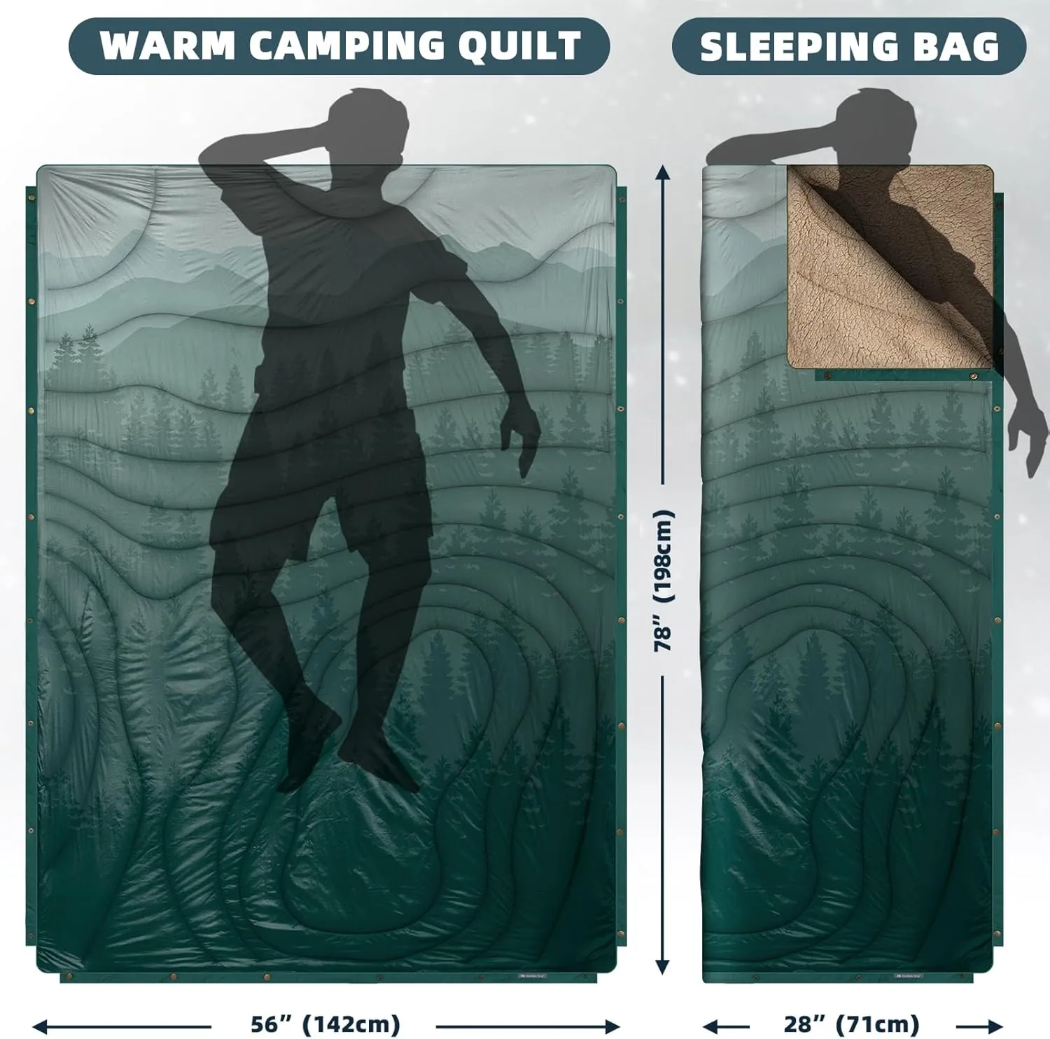 Outdoor Camping Blanket with Sherpa Lining, Extra Warm Thick Camp Blankets and Puffy Ultralight Soft Poncho DWR Camping Quilt for Cold Weather, Adventure, Sleeping, Backpacking 78"x 56"