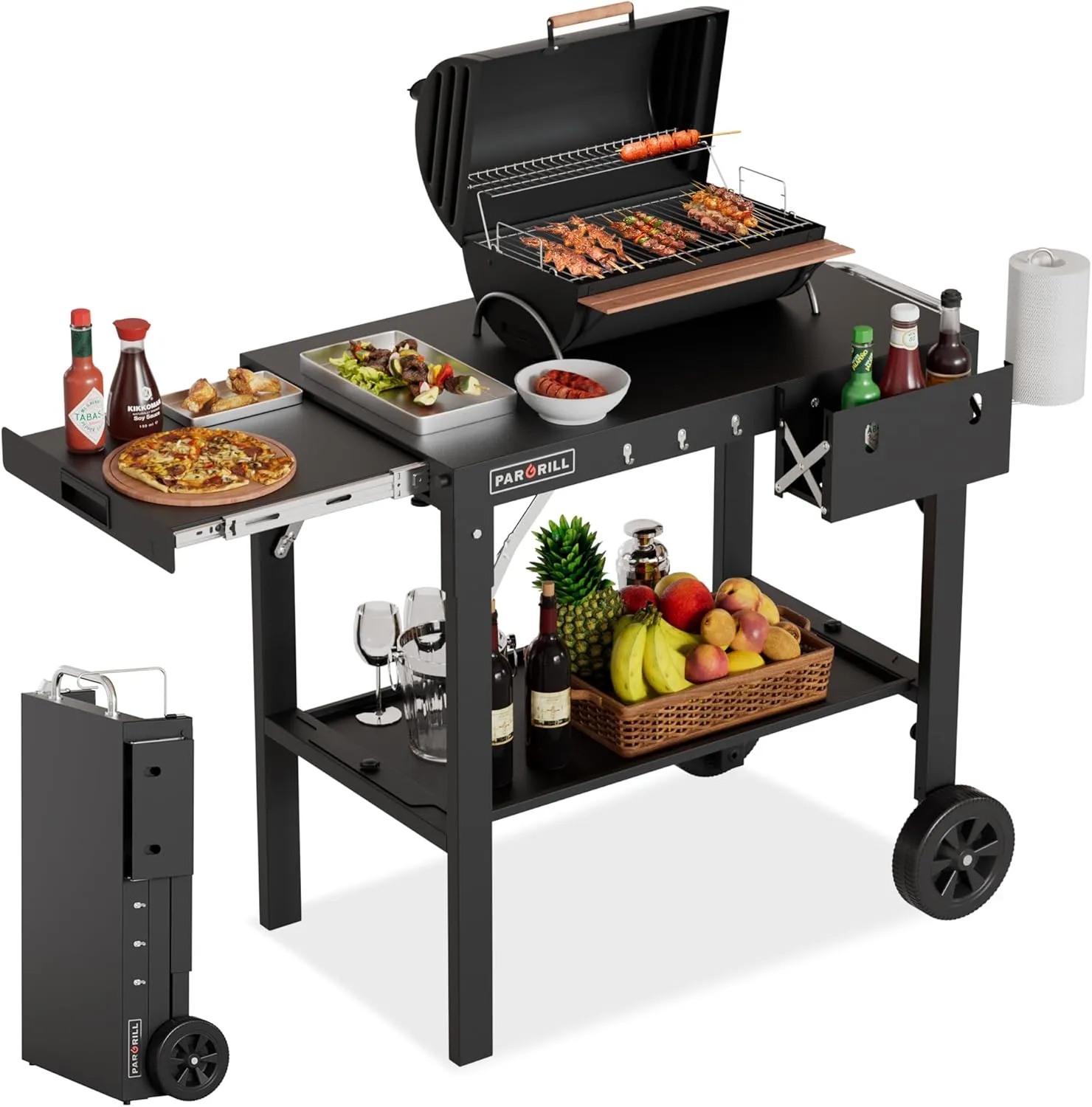 Outdoor Grill Table, Folding Grill Cart with Pull-Out Side Table, Blackstone Griddle Stand, Fit 17 Inch Or 22 Inch, Stainless Steel BBQ Prep Station, Pizza Oven Stand