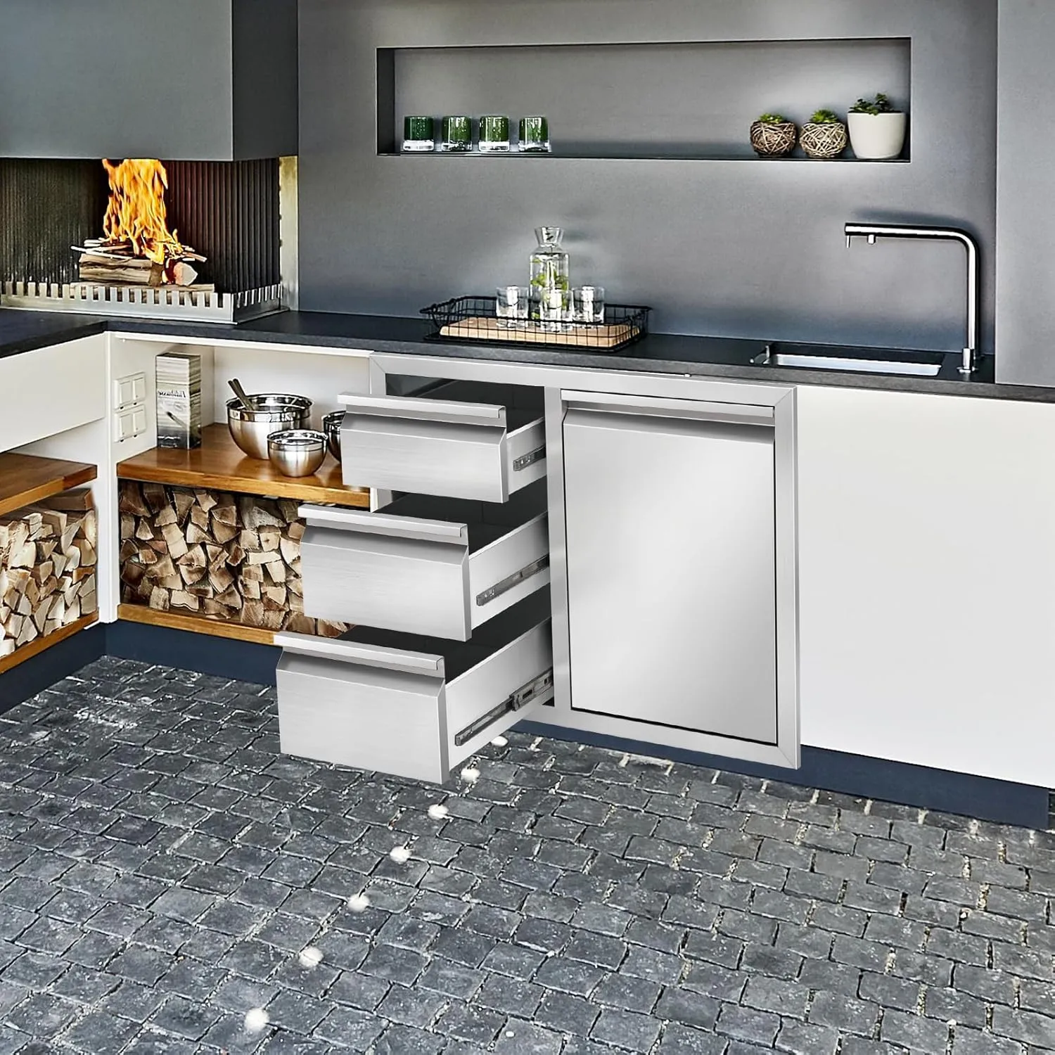 Outdoor Kitchen Drawer Combo Cabinet Stainless Steel Triple Drawers & Trash Drawer with 2 Trash Cans, 28" W x 22" H x 19.5" D Outdoor Kitchen Cabinets for BBQ Grill Station