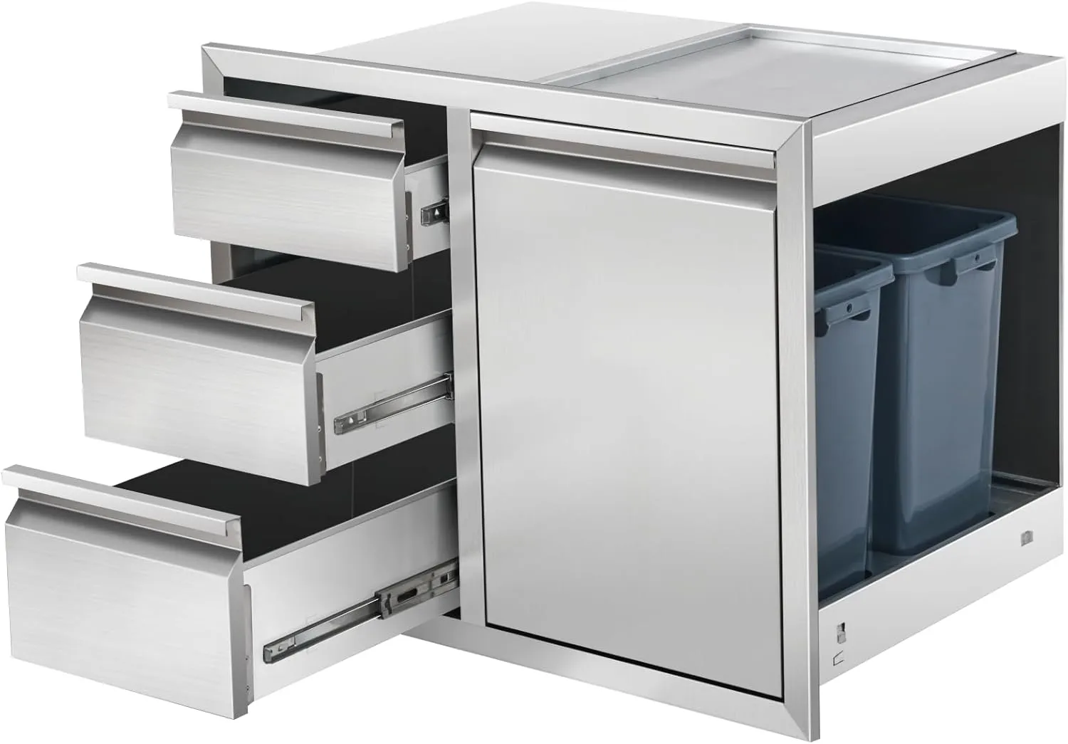 Outdoor Kitchen Drawer Combo Cabinet Stainless Steel Triple Drawers & Trash Drawer with 2 Trash Cans, 28" W x 22" H x 19.5" D Outdoor Kitchen Cabinets for BBQ Grill Station
