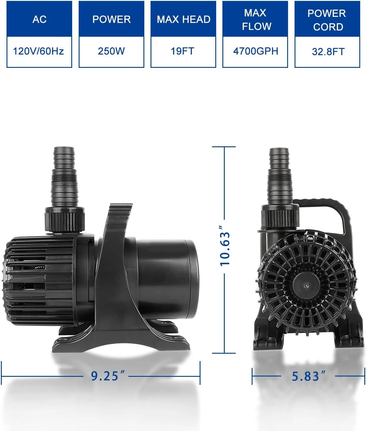 Outdoor Large 4700gph-250W 32.8FT Pond Water-fall & Kio Fish Fountain-s &Garden Pump Submersible IPX8: Long 32.8FT Cord Smart-er & Quieter Duck & Yard& Patio Ponds Pumps, 1 Barrier Pump Bag