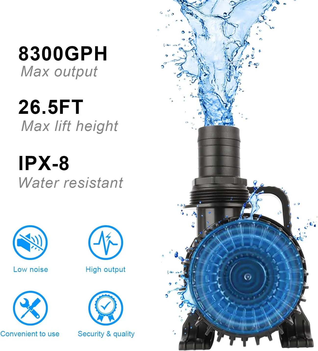 Outdoor Large 8300gph-520W 32.8FT Pond Water-fall & Kio Fish Fountain-s &Garden Pump Submersible IPX8: Long 32.8FT Cord Smart-er & Quieter Duck & Yard &Patio Ponds Pumps, 1 Barrier Pump Bag