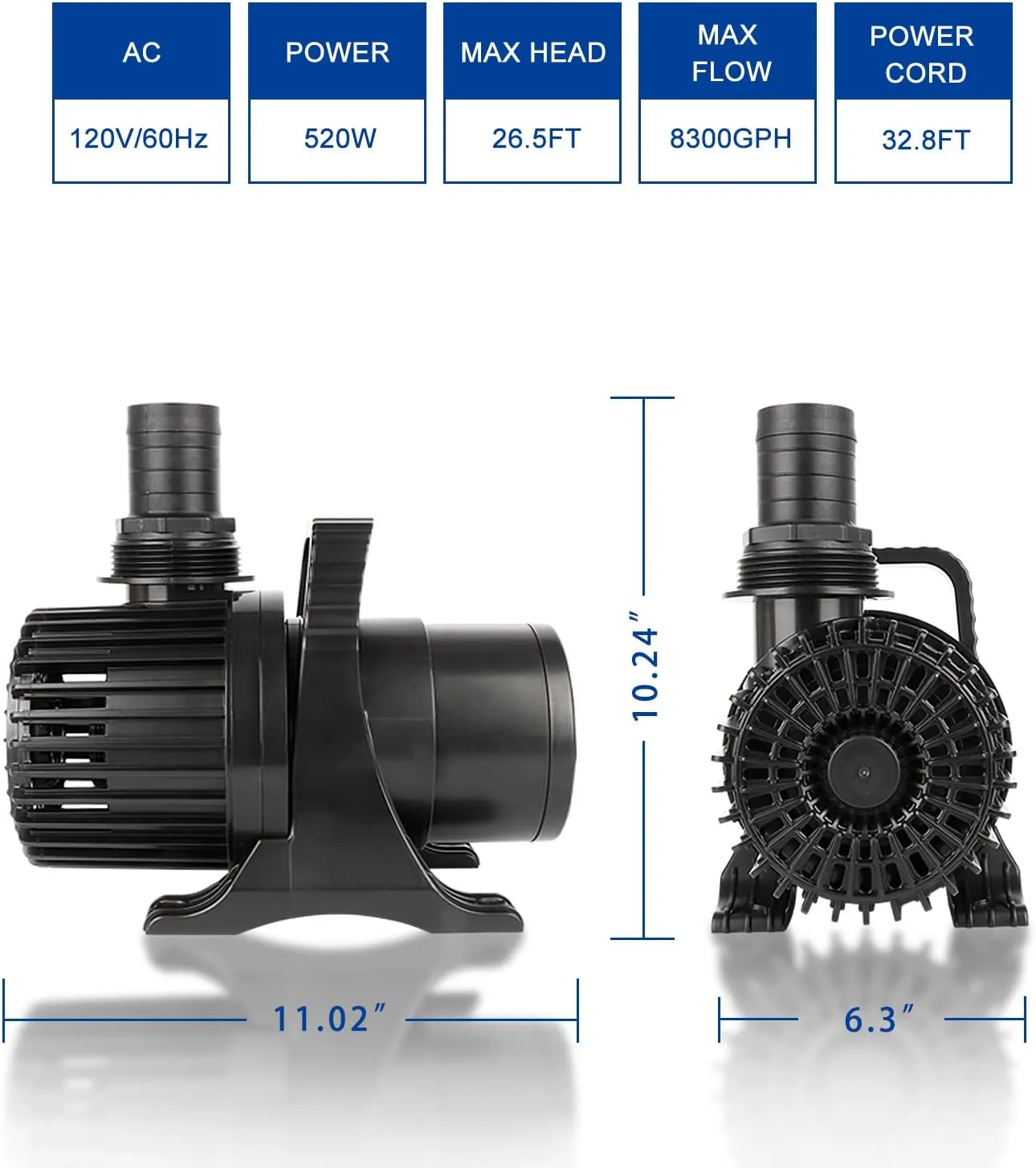 Outdoor Large 8300gph-520W 32.8FT Pond Water-fall & Kio Fish Fountain-s &Garden Pump Submersible IPX8: Long 32.8FT Cord Smart-er & Quieter Duck & Yard &Patio Ponds Pumps, 1 Barrier Pump Bag