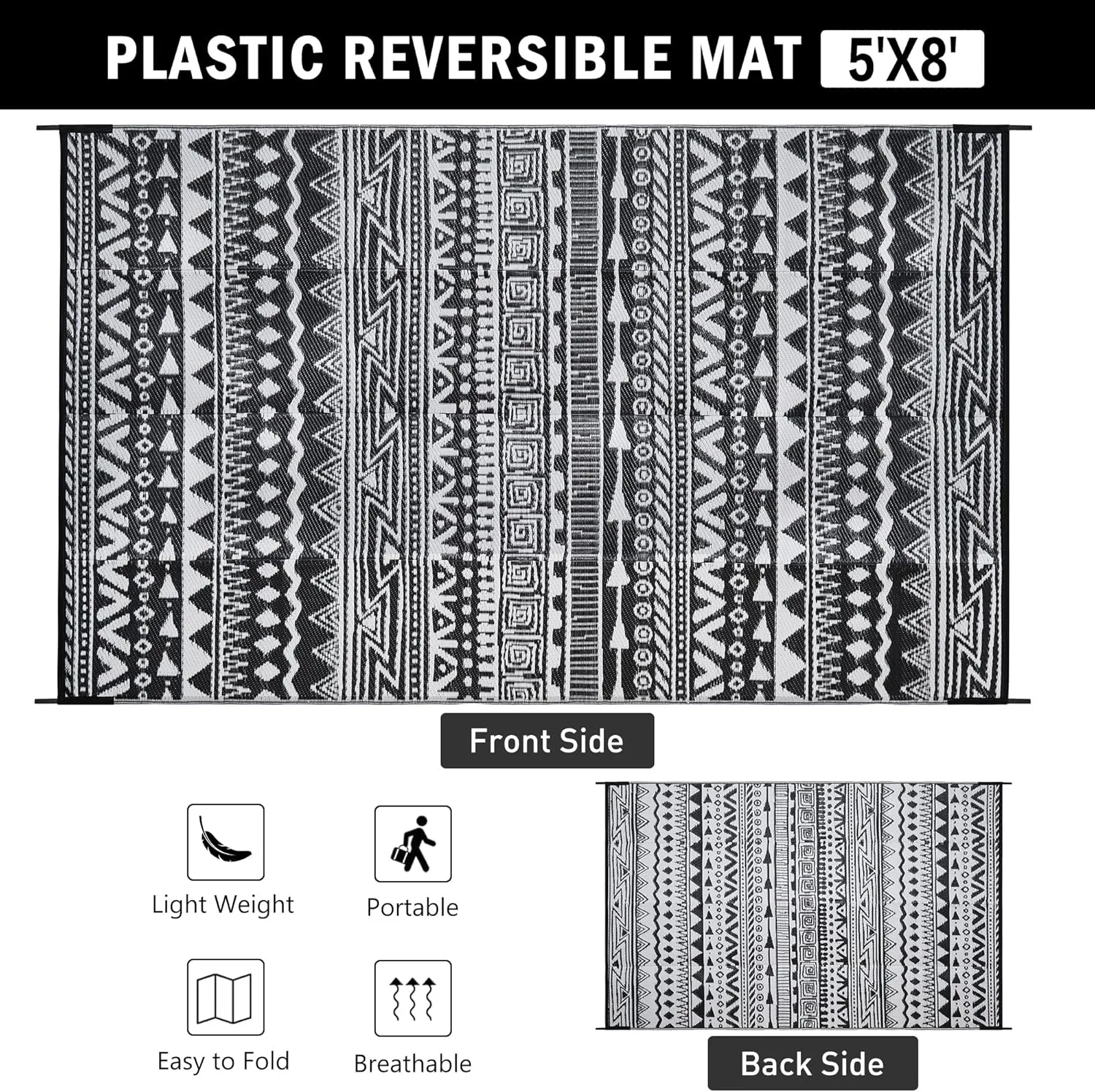 Outdoor Plastic Straw Rug Black and White Waterproof Outdoor Patio 5x8 Carpet Boho Reversible Mat Modern Large Outside for Camping RV Porch Deck Balcony Beach