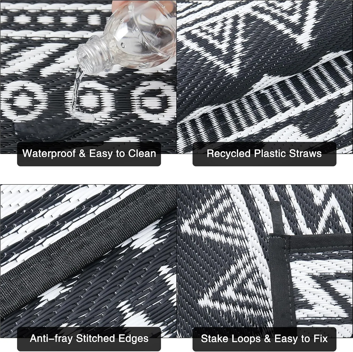 Outdoor Plastic Straw Rug Black and White Waterproof Outdoor Patio 5x8 Carpet Boho Reversible Mat Modern Large Outside for Camping RV Porch Deck Balcony Beach