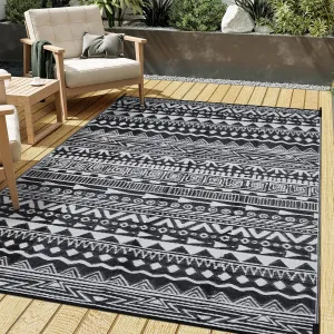 Outdoor Plastic Straw Rug Black and White Waterproof Outdoor Patio 5x8 Carpet Boho Reversible Mat Modern Large Outside for Camping RV Porch Deck Balcony Beach
