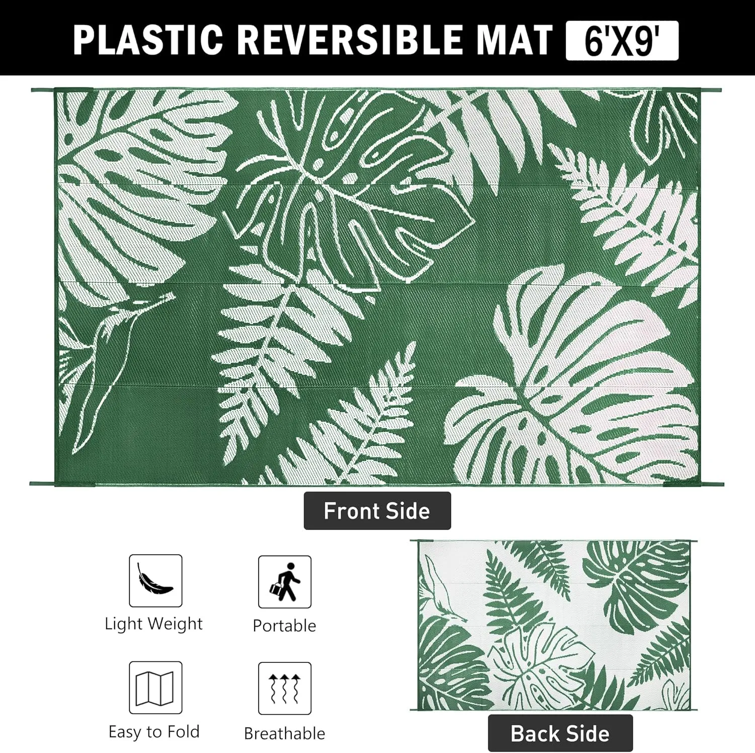 Outdoor Plastic Straw Rug Leaf Waterproof Green Outside Patio 6x9 Carpet Tropical Reversible Mat Washable Large for Camping RV Porch Deck Balcony Beach