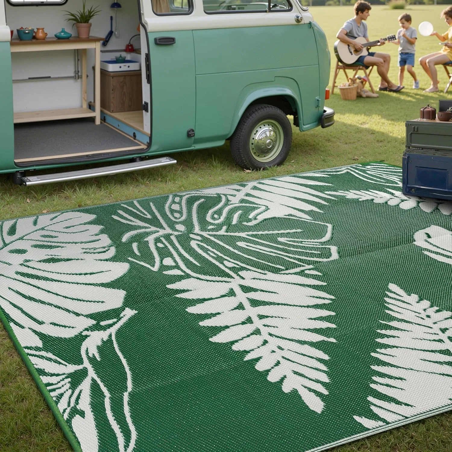 Outdoor Plastic Straw Rug Leaf Waterproof Green Outside Patio 6x9 Carpet Tropical Reversible Mat Washable Large for Camping RV Porch Deck Balcony Beach