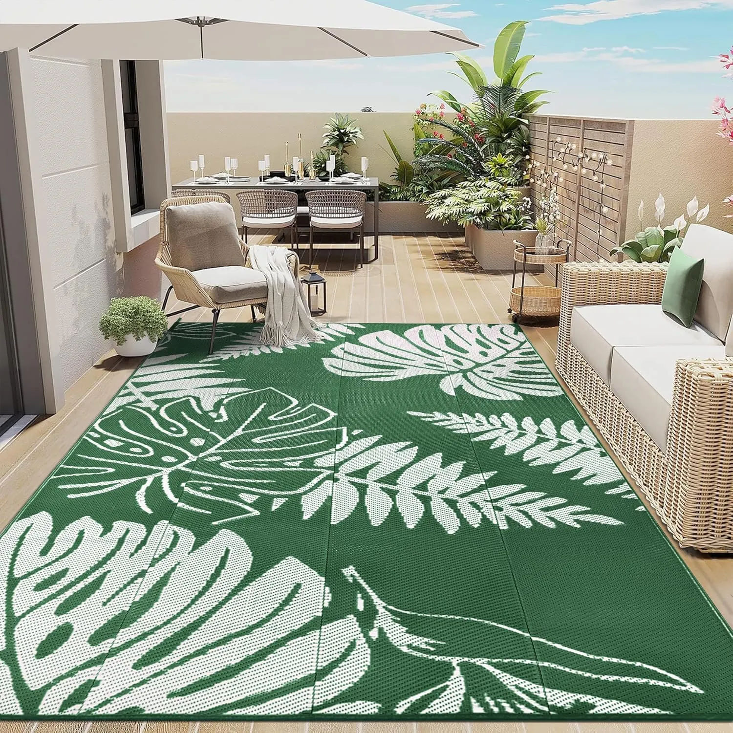 Outdoor Plastic Straw Rug Leaf Waterproof Green Outside Patio 6x9 Carpet Tropical Reversible Mat Washable Large for Camping RV Porch Deck Balcony Beach