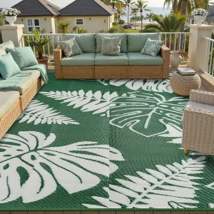 Outdoor Plastic Straw Rug Leaf Waterproof Green Outside Patio 6x9 Carpet Tropical Reversible Mat Washable Large for Camping RV Porch Deck Balcony Beach