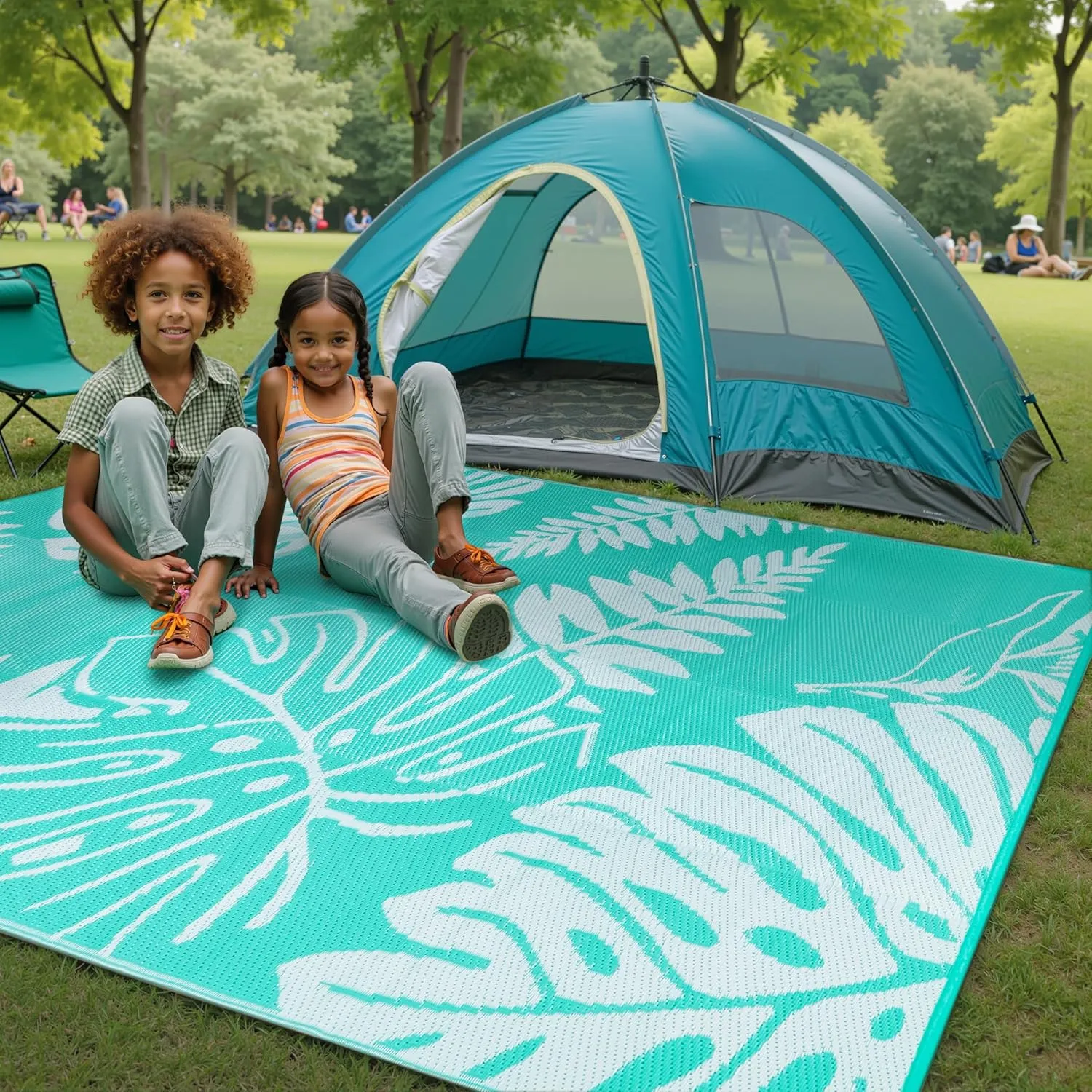 Outdoor Plastic Straw Rug Leaf Waterproof Teal Blue Outside Patio 6x9 Carpet Tropical Reversible Mat Washable Large for Camping RV Porch Deck Balcony Beach
