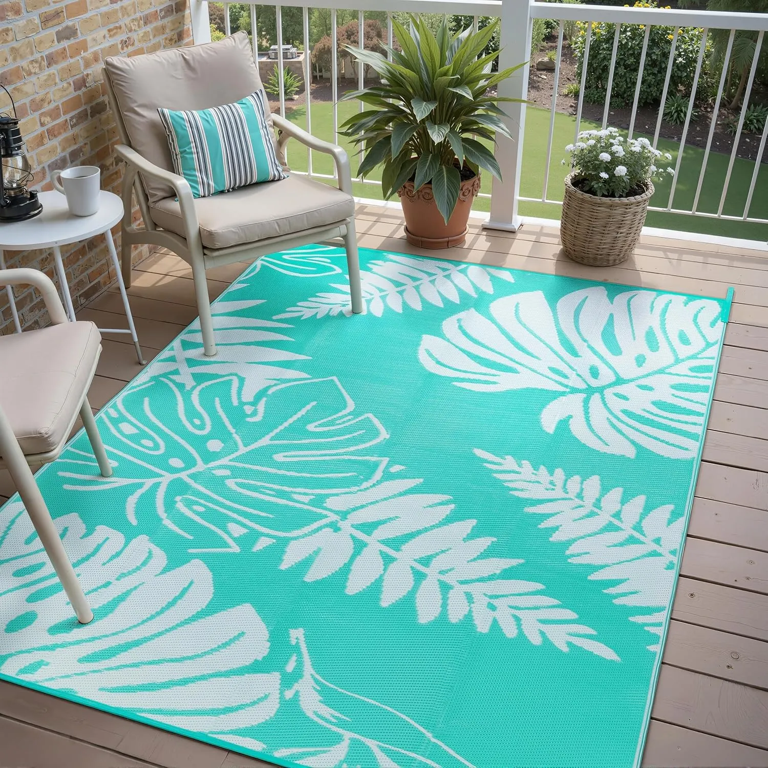 Outdoor Plastic Straw Rug Leaf Waterproof Teal Blue Outside Patio 6x9 Carpet Tropical Reversible Mat Washable Large for Camping RV Porch Deck Balcony Beach