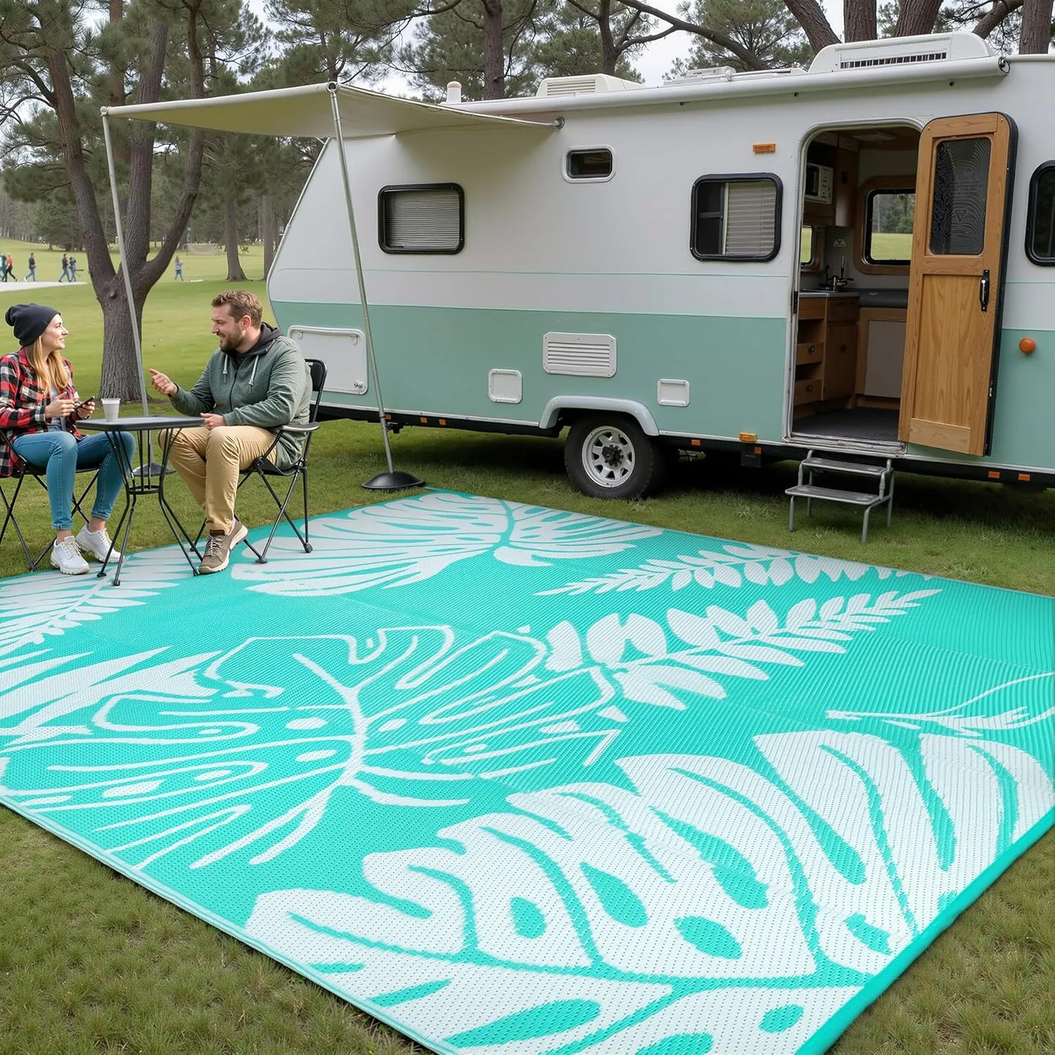 Outdoor Plastic Straw Rug Leaf Waterproof Teal Blue Outside Patio 6x9 Carpet Tropical Reversible Mat Washable Large for Camping RV Porch Deck Balcony Beach