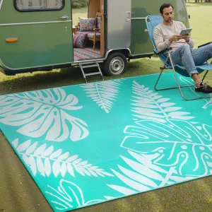 Outdoor Plastic Straw Rug Leaf Waterproof Teal Blue Outside Patio 6x9 Carpet Tropical Reversible Mat Washable Large for Camping RV Porch Deck Balcony Beach