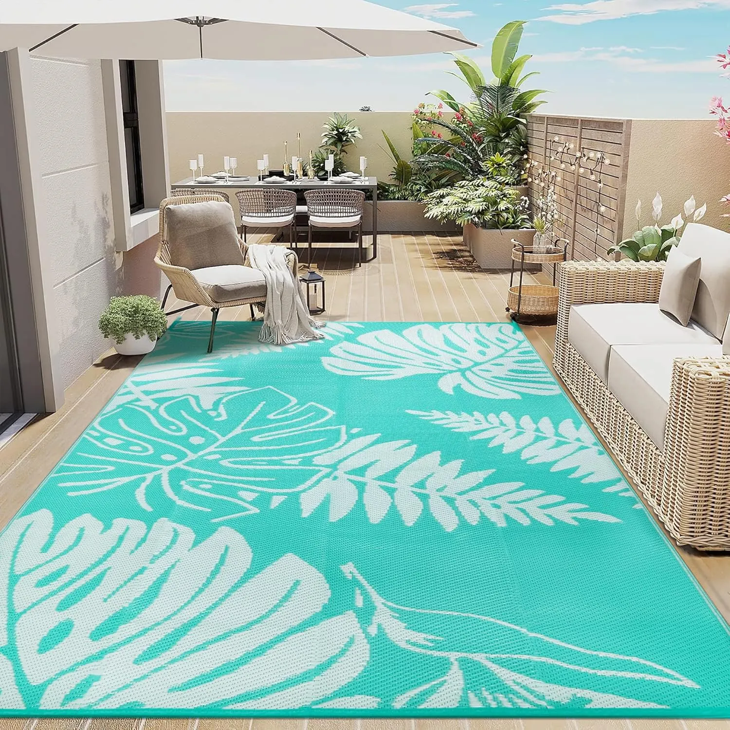 Outdoor Plastic Straw Rug Leaf Waterproof Teal Blue Outside Patio 6x9 Carpet Tropical Reversible Mat Washable Large for Camping RV Porch Deck Balcony Beach