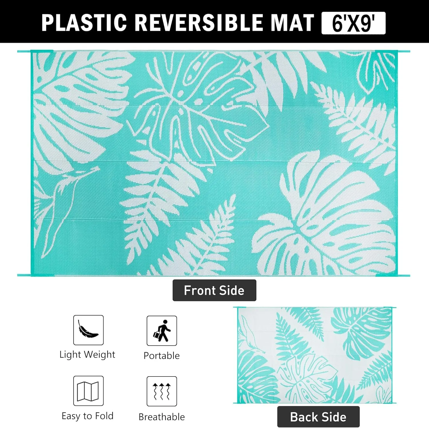 Outdoor Plastic Straw Rug Leaf Waterproof Teal Blue Outside Patio 6x9 Carpet Tropical Reversible Mat Washable Large for Camping RV Porch Deck Balcony Beach