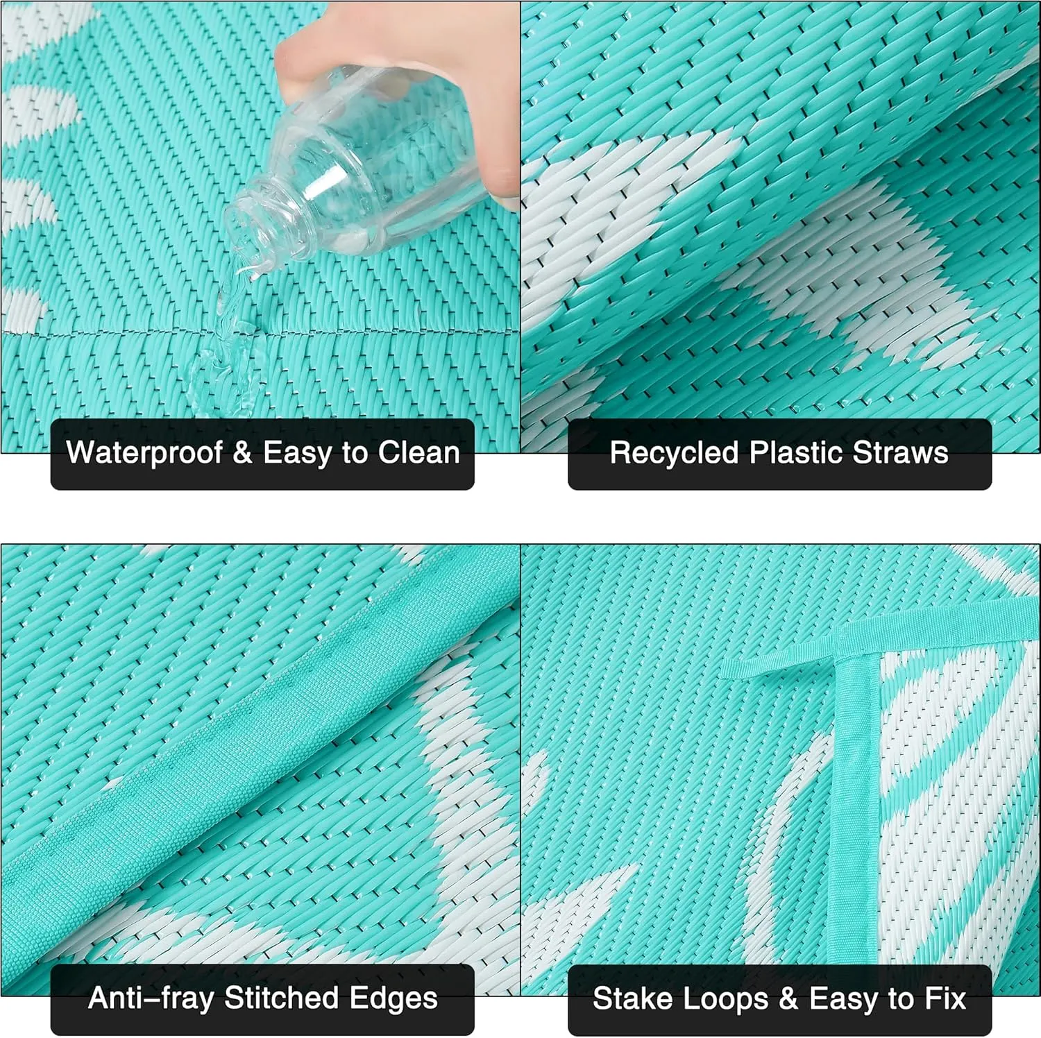 Outdoor Plastic Straw Rug Leaf Waterproof Teal Blue Outside Patio 6x9 Carpet Tropical Reversible Mat Washable Large for Camping RV Porch Deck Balcony Beach