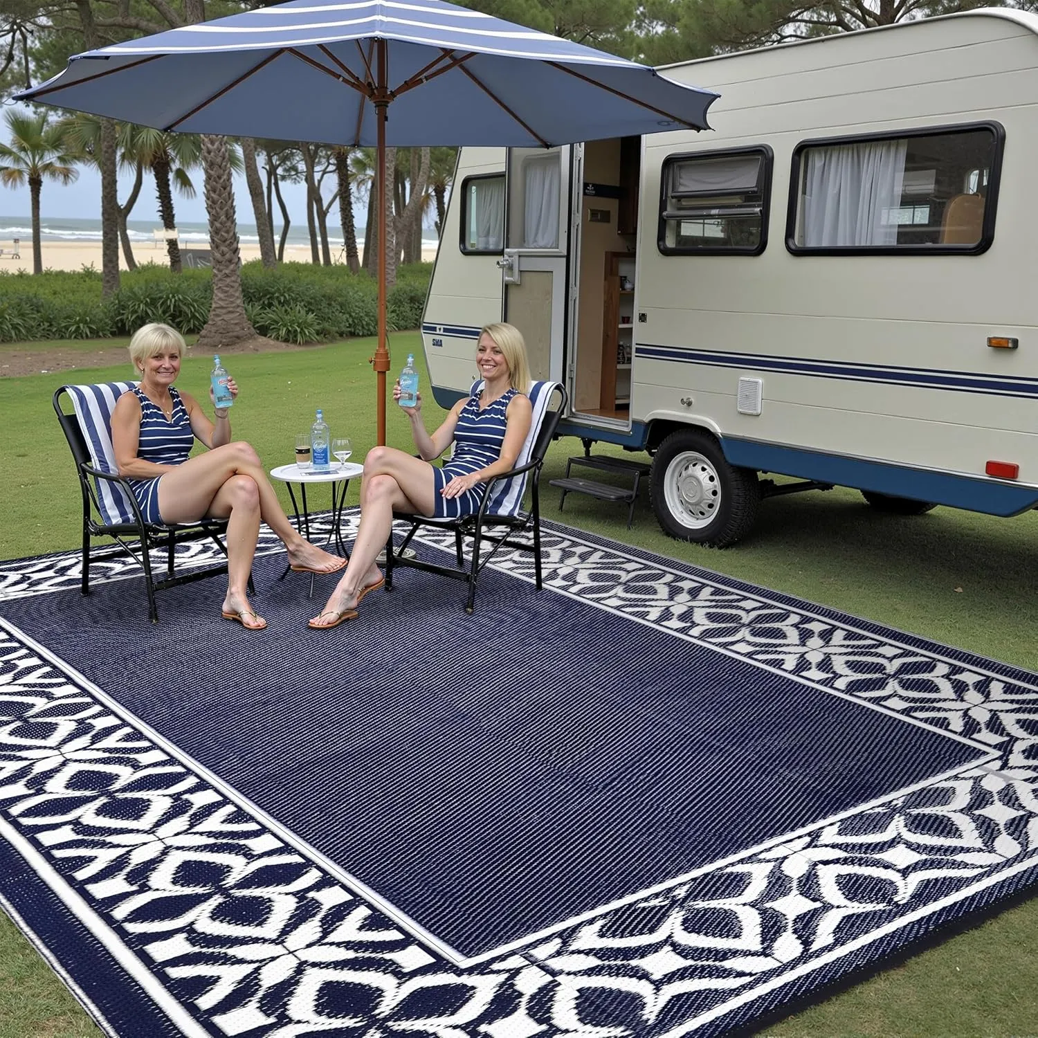 Outdoor Plastic Straw Rug Navy Blue Large Outside Waterproof Outdoor Patio 6x9 Carpet Geometric Reversible Mat Modern for Camping RV Porch Deck Balcony Beach