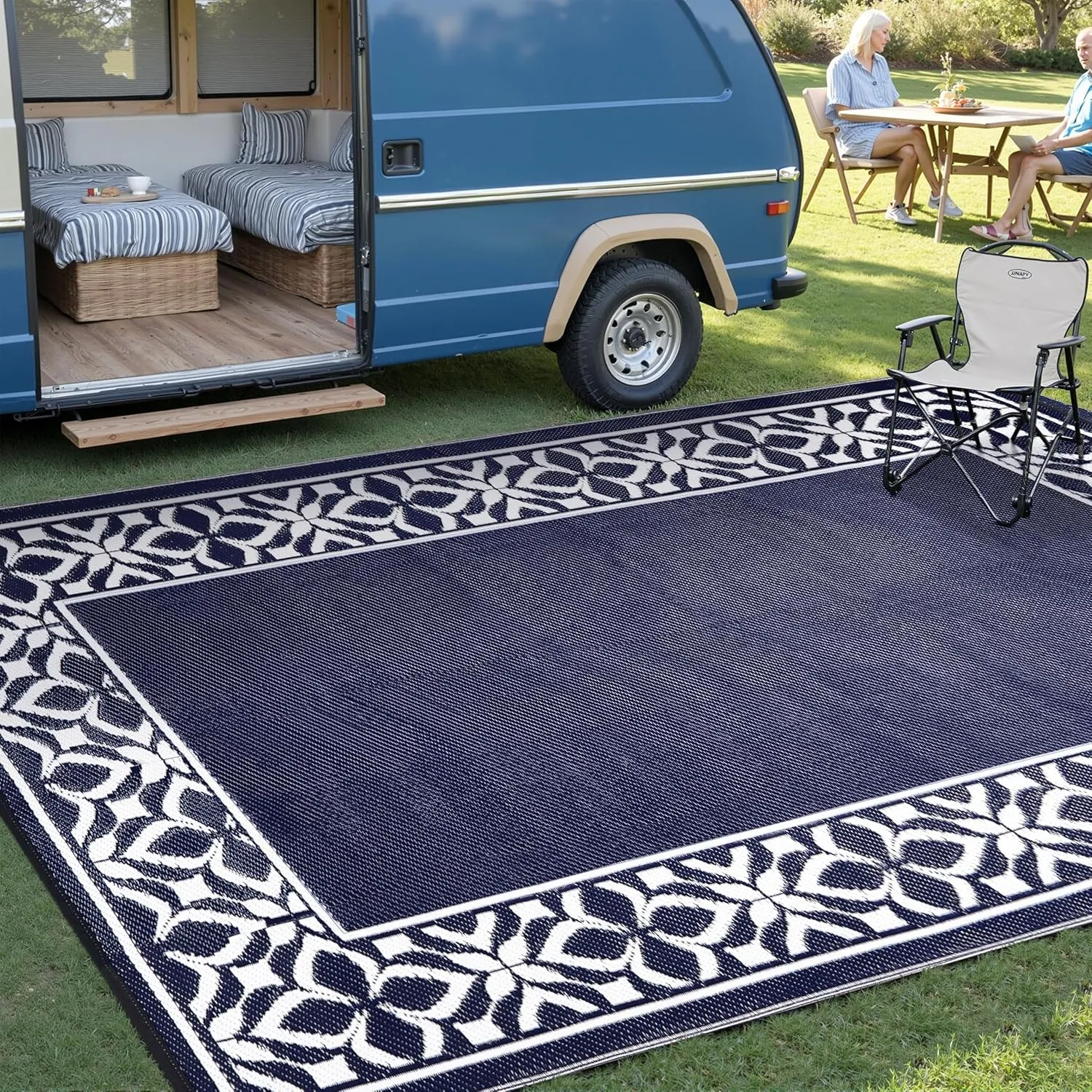 Outdoor Plastic Straw Rug Navy Blue Large Outside Waterproof Outdoor Patio 6x9 Carpet Geometric Reversible Mat Modern for Camping RV Porch Deck Balcony Beach
