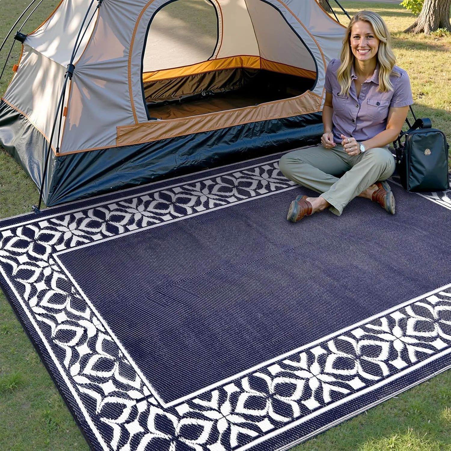 Outdoor Plastic Straw Rug Navy Blue Large Outside Waterproof Outdoor Patio 6x9 Carpet Geometric Reversible Mat Modern for Camping RV Porch Deck Balcony Beach