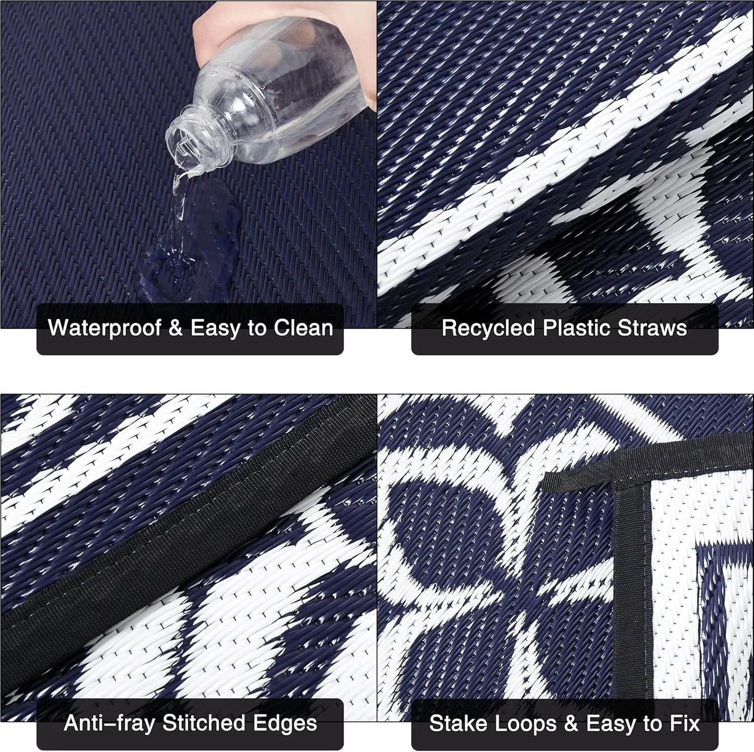 Outdoor Plastic Straw Rug Navy Blue Large Outside Waterproof Outdoor Patio 6x9 Carpet Geometric Reversible Mat Modern for Camping RV Porch Deck Balcony Beach