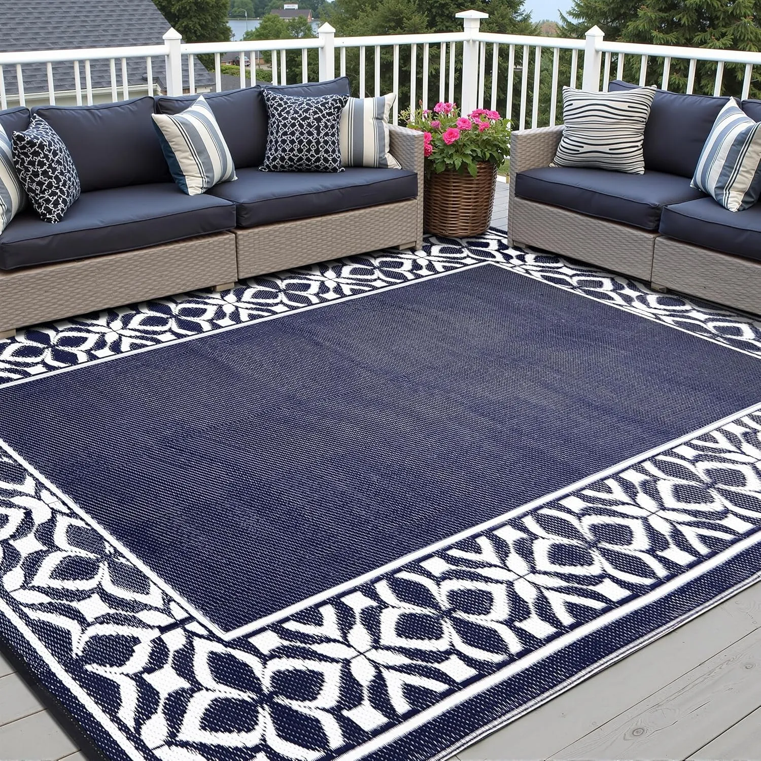 Outdoor Plastic Straw Rug Navy Blue Large Outside Waterproof Outdoor Patio 6x9 Carpet Geometric Reversible Mat Modern for Camping RV Porch Deck Balcony Beach