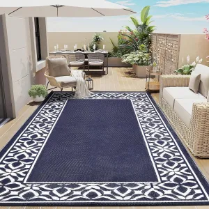 Outdoor Plastic Straw Rug Navy Blue Large Outside Waterproof Outdoor Patio 6x9 Carpet Geometric Reversible Mat Modern for Camping RV Porch Deck Balcony Beach